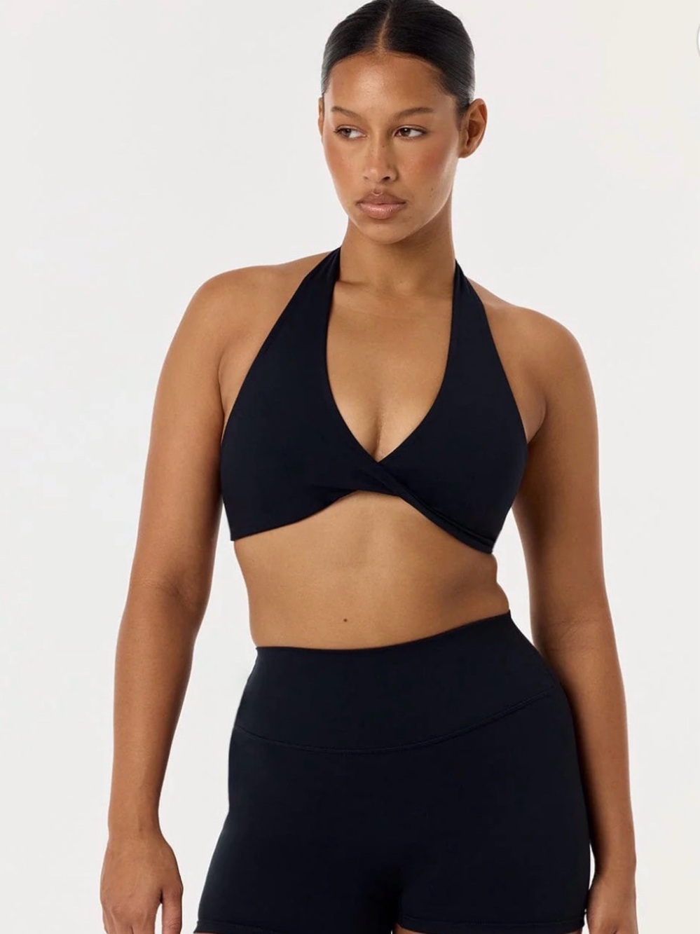Crop Shop Boutique Black Halter Twist Front Sports Bra